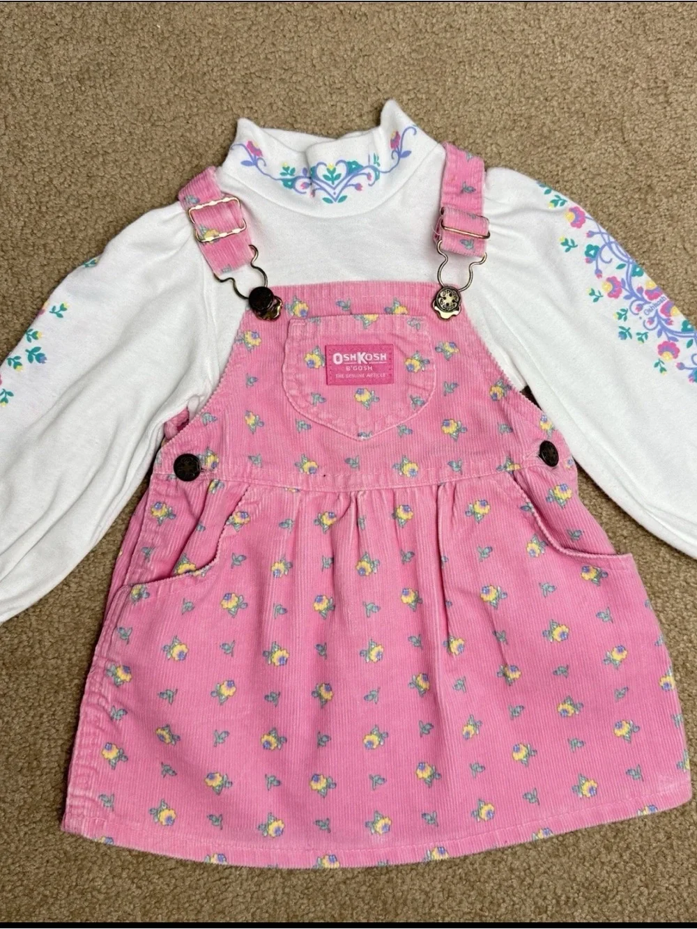 Vintage OshKosh B’gosh Floral Corduroy Jumper Dress w/ Top 2T USA